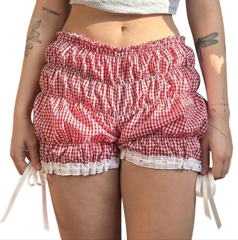 New Red White Gingham Plaid Sinched Shorts Lace Trim Bow Tie Ruffled Hem Size M